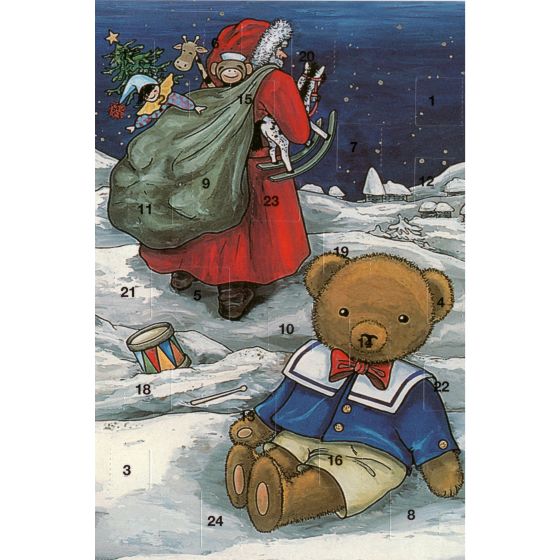 5 Adventskalenderkarten Nostalgie Weihnachtsmann mit Bär