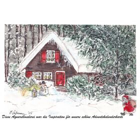Adventskalenderkarte mit 24 Türchen, winterliches Aquarellmotiv
